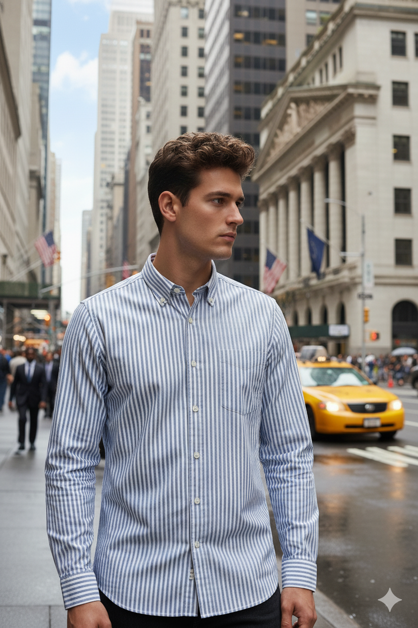 White Blue Stripe Regular Fit Mens Button Down Shirt