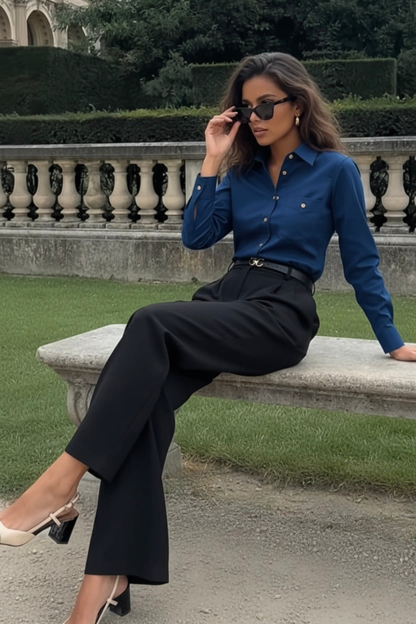 Navy Blue Regular Fit Womens Button Down Shirt