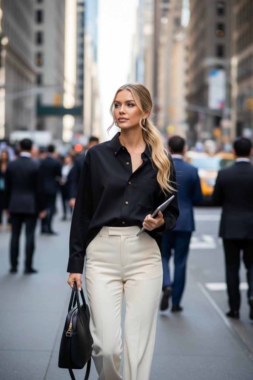 Black Regular Fit Womens Button Down Shirt