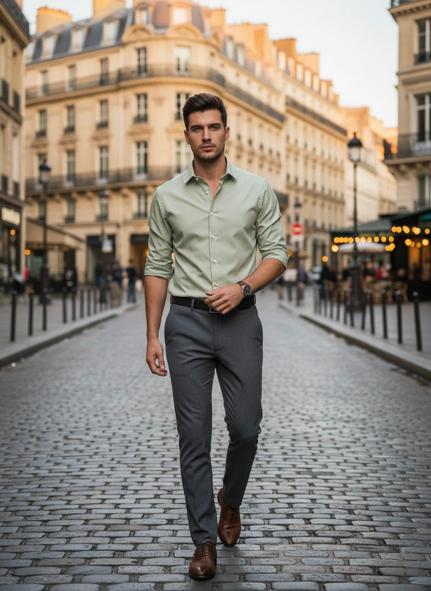 Celary Green Regular Fit Mens Button Down Shirt